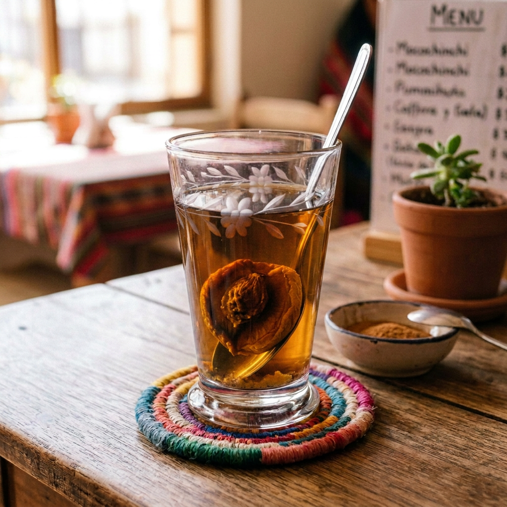 Imagen actual: Glass of golden herbal tea with spoon and dried fruit on colorful coaster