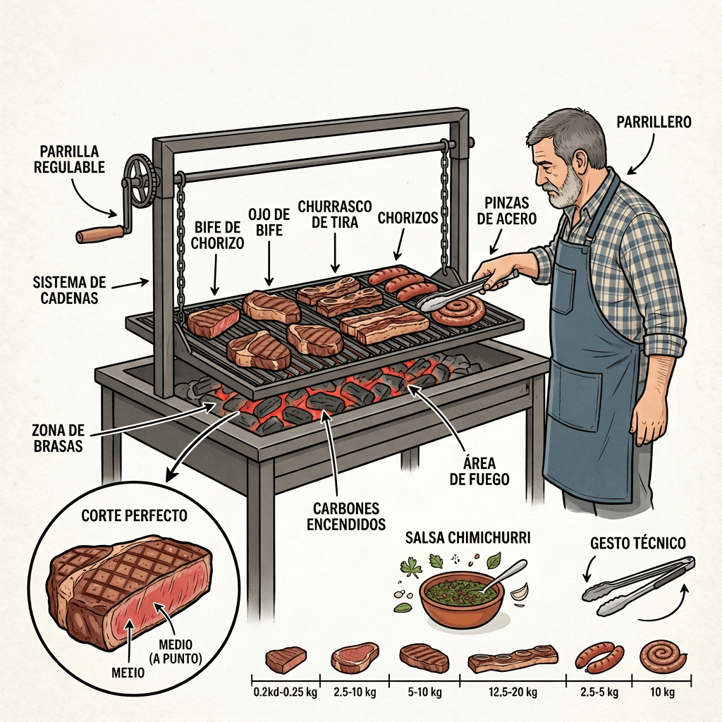 Imagen actual: Chef grilling steaks and sausages over glowing charcoal in a restaurant