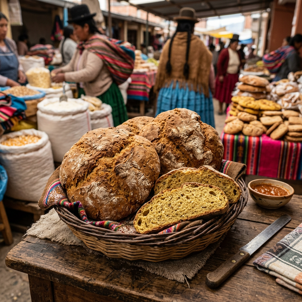 Imagen actual: Basket of rustic bread loaves at a colorful traditional market