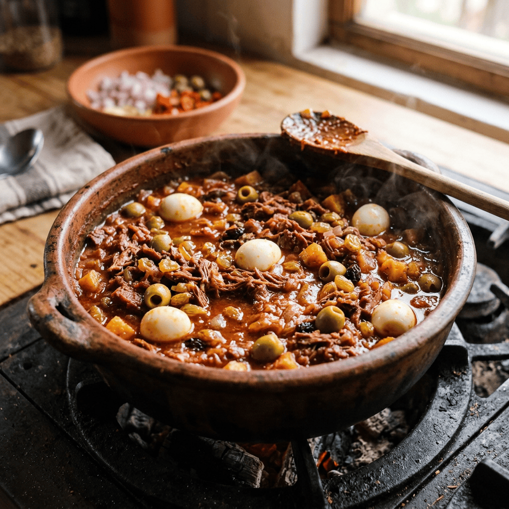 Imagen actual: Steaming earthenware pot of meat stew with olives, vegetables, and eggs