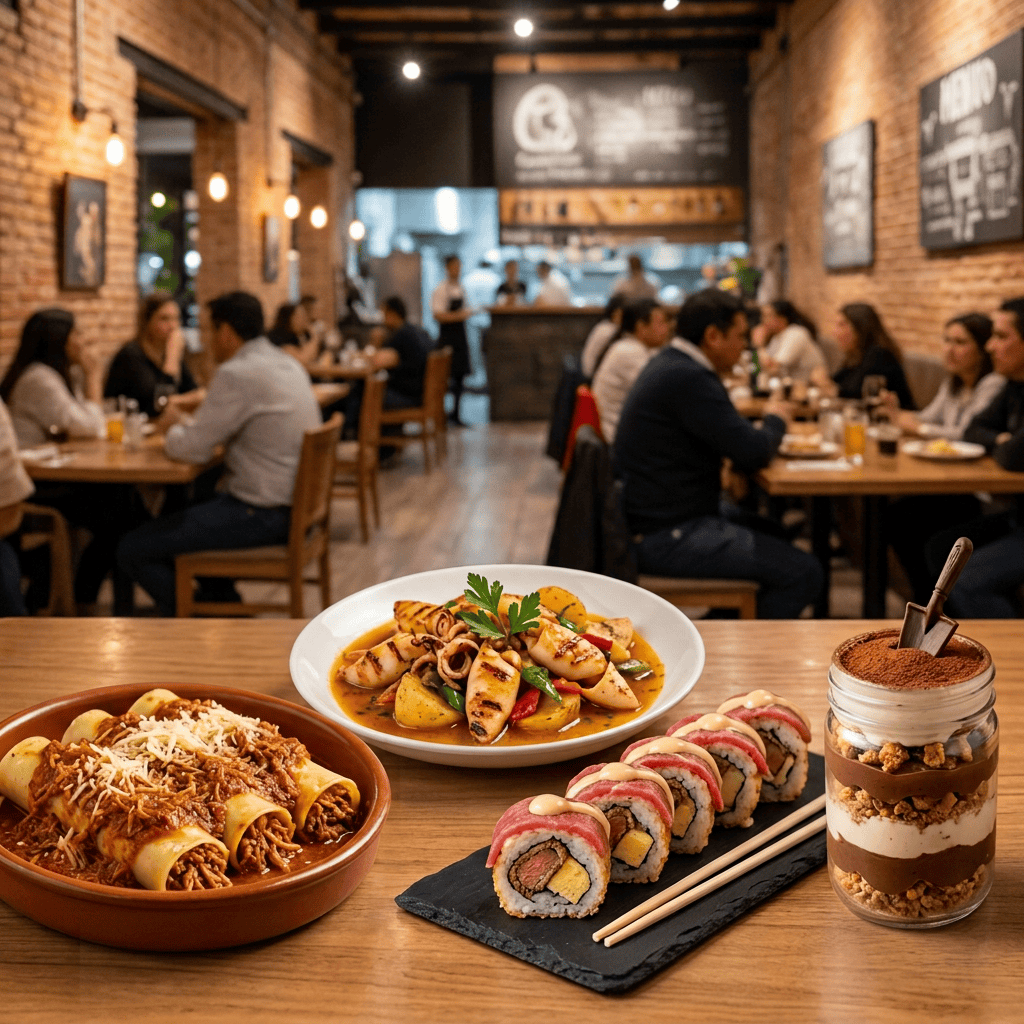 Imagen actual: Restaurant menu featuring false rabbit cannelloni, calamari rangarangas, silpancho sushi, and Albañil dessert