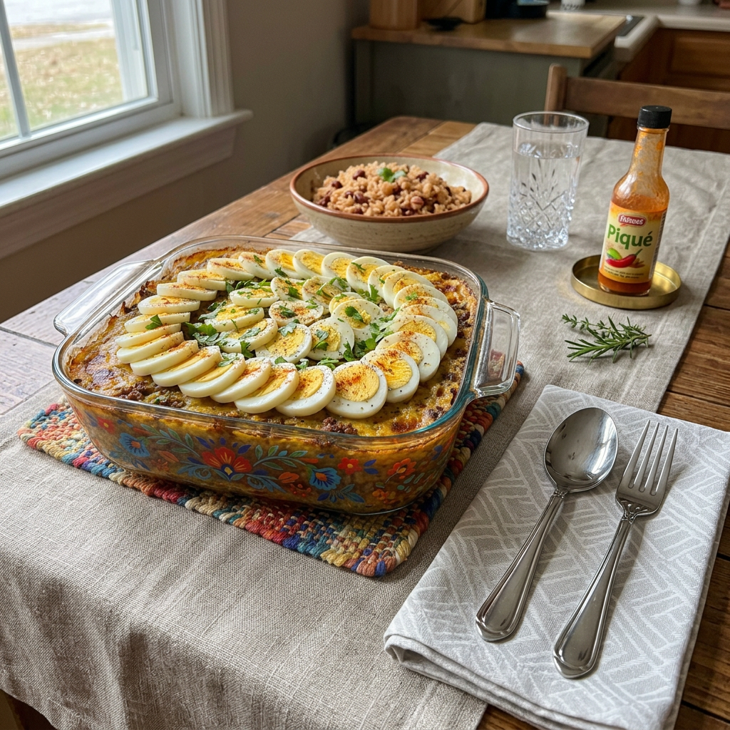 Imagen actual: Baked casserole topped with sliced eggs beside beans and hot sauce