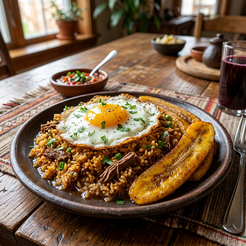 Imagen actual: Plate of seasoned rice topped with fried egg, meat, and fried plantains