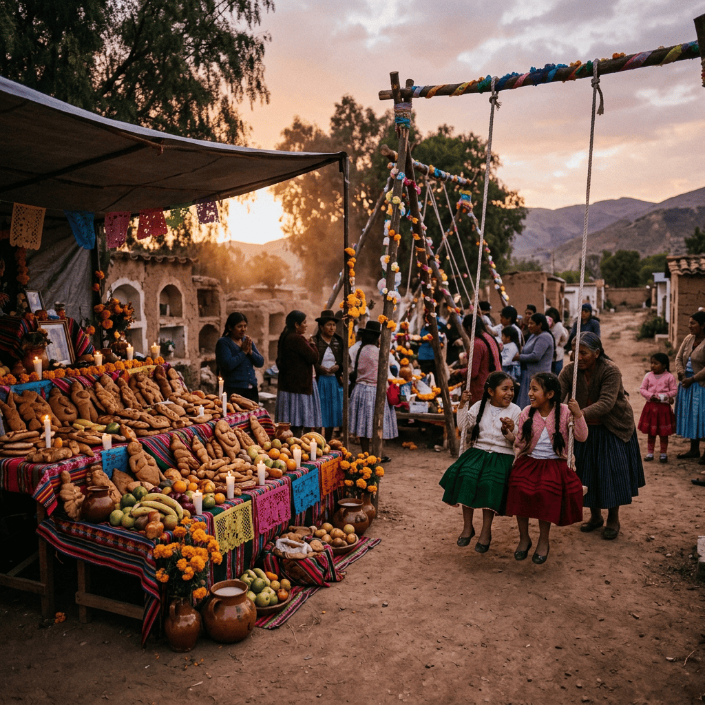 Imagen actual: Children swinging beside an offering table at an Andean village festival