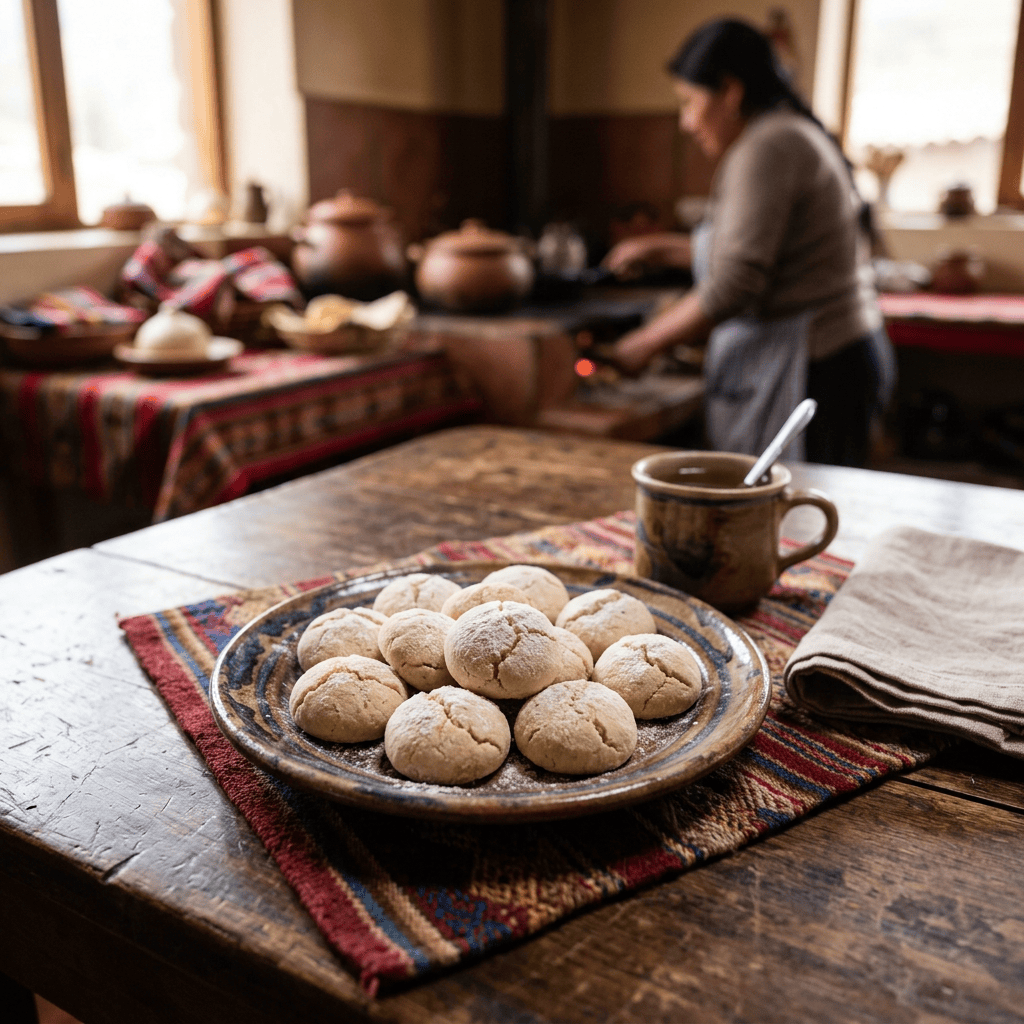 Imagen actual: Plate of powdered cookies beside coffee in a rustic kitchen