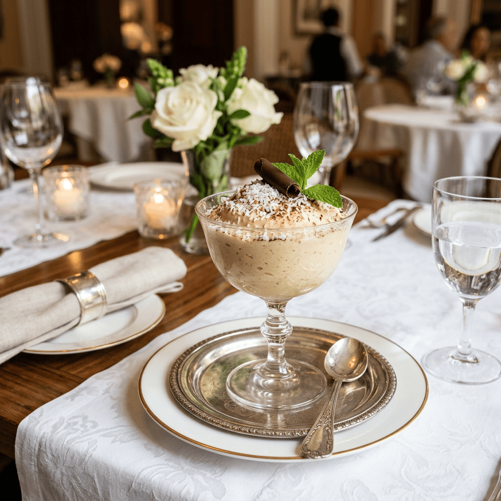 Imagen actual: Creamy dessert garnished with mint and chocolate on an elegant dining table