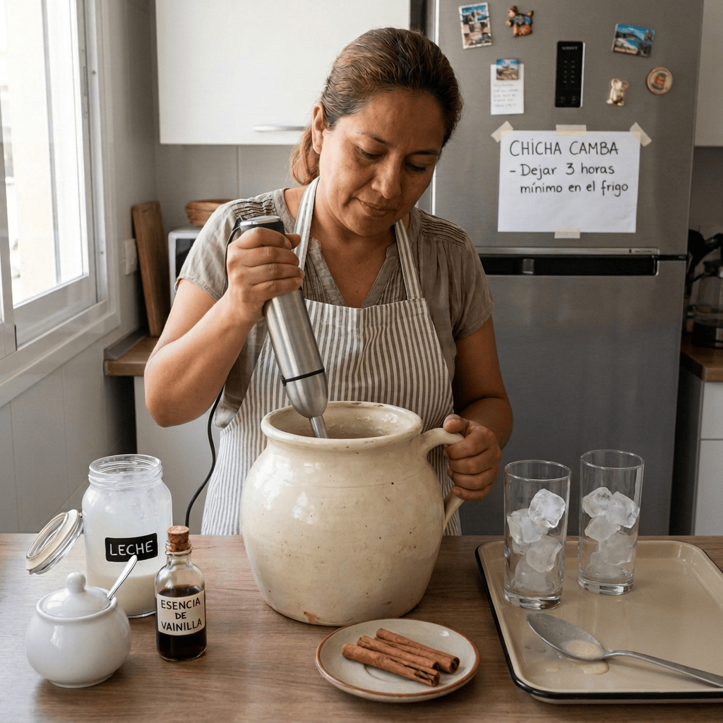 Imagen actual: Woman blending chicha; labels read LEche, ESENCIA DE VAINILLA, and CHICHA CAMBA – Dejar 3 horas mínimo en el frigo.