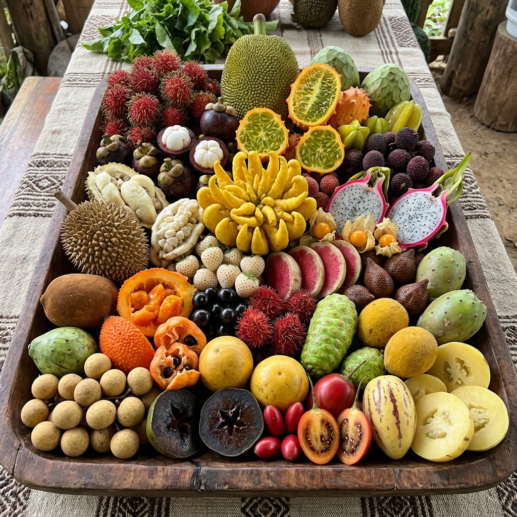 Imagen actual: Assorted tropical fruits arranged in a large wooden serving tray