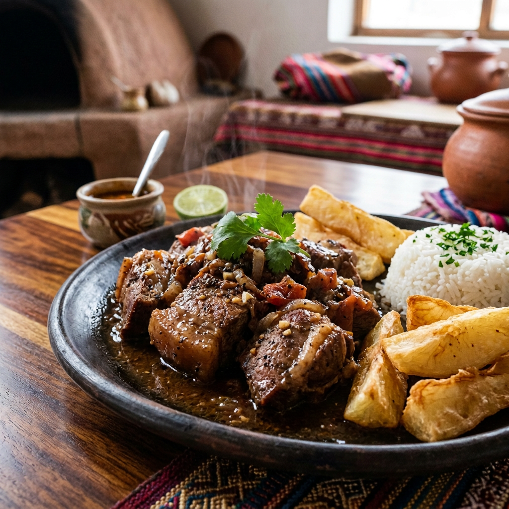 Imagen actual: Plate of braised meat with rice, fried plantains, lime, and cilantro