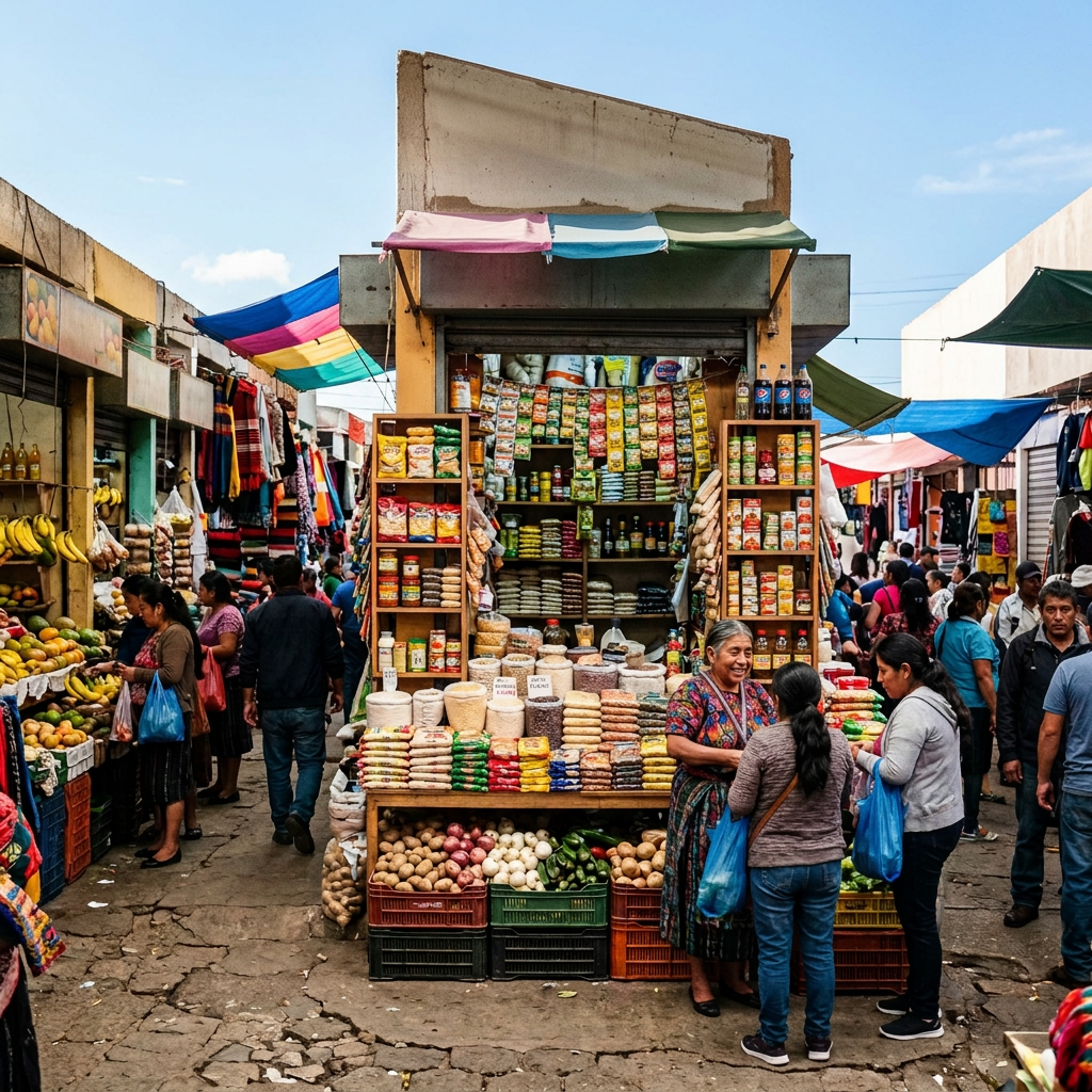 Imagen actual: Busy market stall selling produce, grains, and packaged goods beneath Spanish signs
